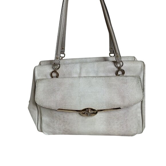 Coach White Leather Textured Shoulder Bag With Gold Turnlock & Double Handles